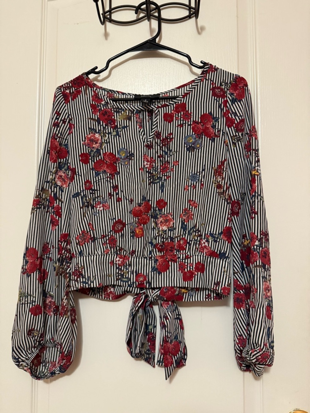BCX Black-and-White Striped Blouse with Red Floral Print